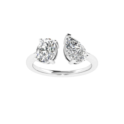 Double Stone Round & Pear Ring in 18k White Gold (TCW: 1.5)