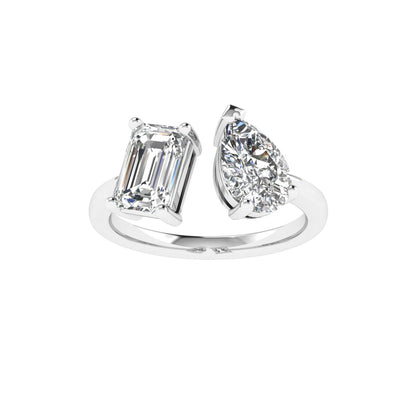 Double Stone Emerald & Pear Ring in 18k White Gold (TCW: 1.5)